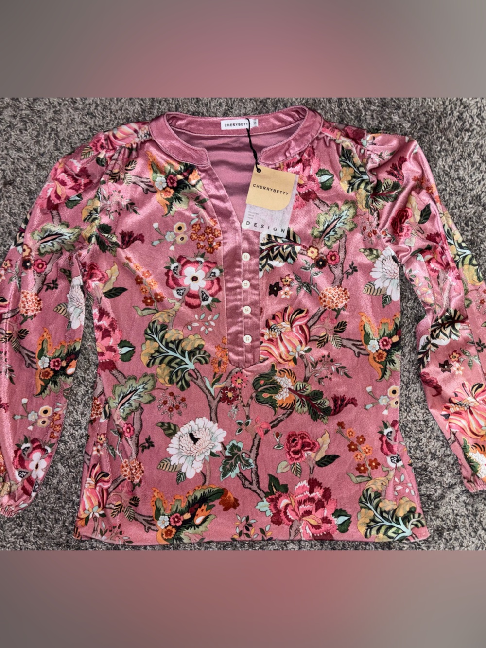 Floral Velvet Henley Blouse - Pink